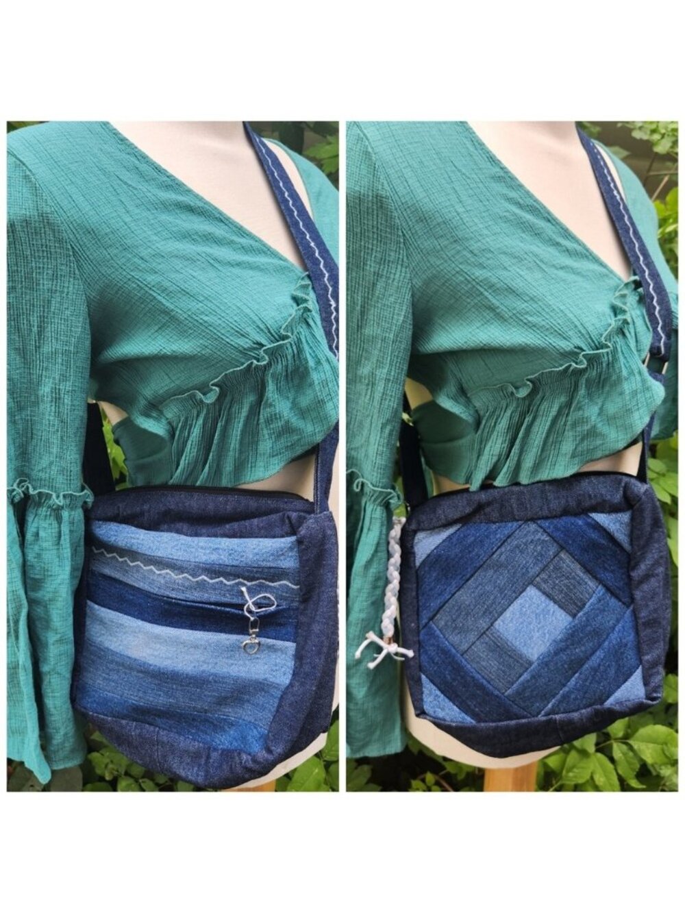 Denim y2k inspired Patchwork Crossbody Bag Upcycled Blue Jean Purse Handmade‎